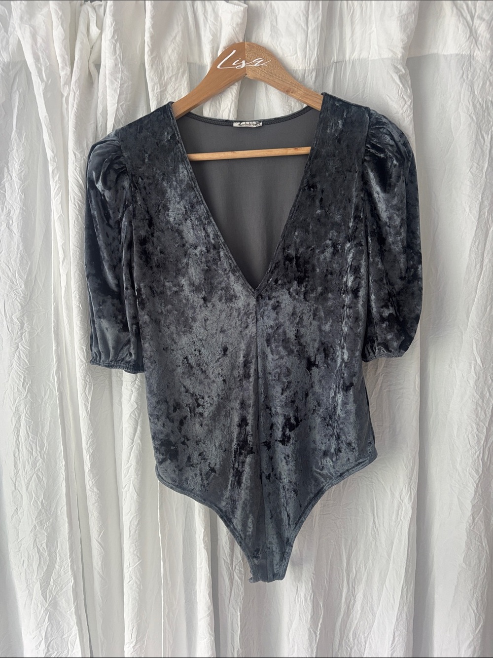 Free People Black Crushed Velvet V-Neck Puff-Sleeve Bodysuit